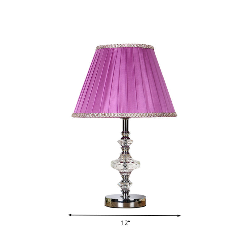 Single Bulb Purple Nightstand Lamp With Crystal Accent - Conical Fabric Light For Bedroom