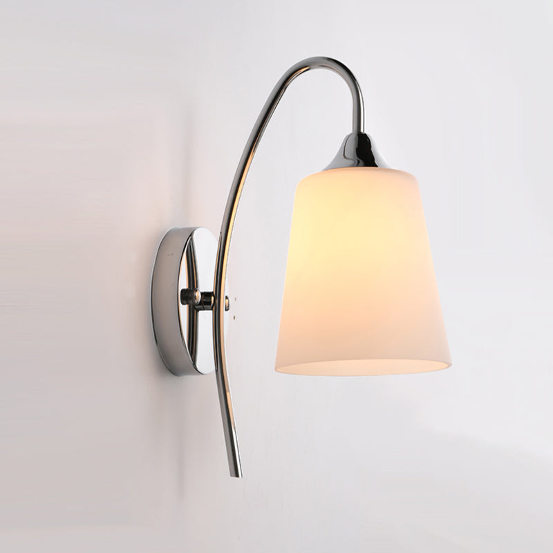 Modern Trumpet Wall Light Fixture - Milky Glass Sconce In Chrome For Stairway