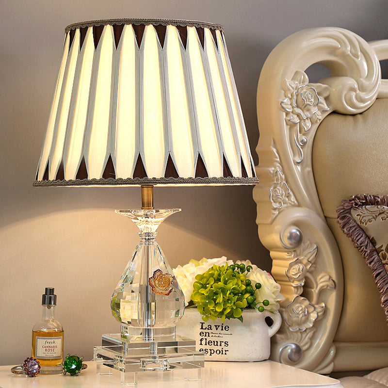 Rural Fabric Table Lamp With Crystal Base - Single Bulb Night Light In White Perfect For Bedroom