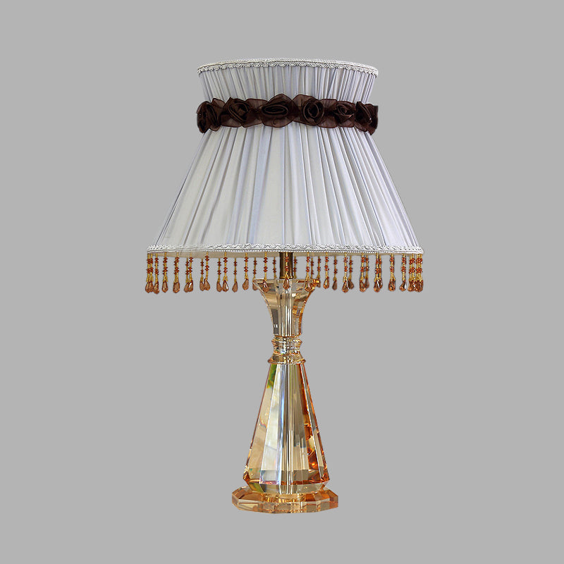 14/15 Wide Cone Fabric Night Light Bedroom Lamp In Grey With Crystal Accent For Traditional