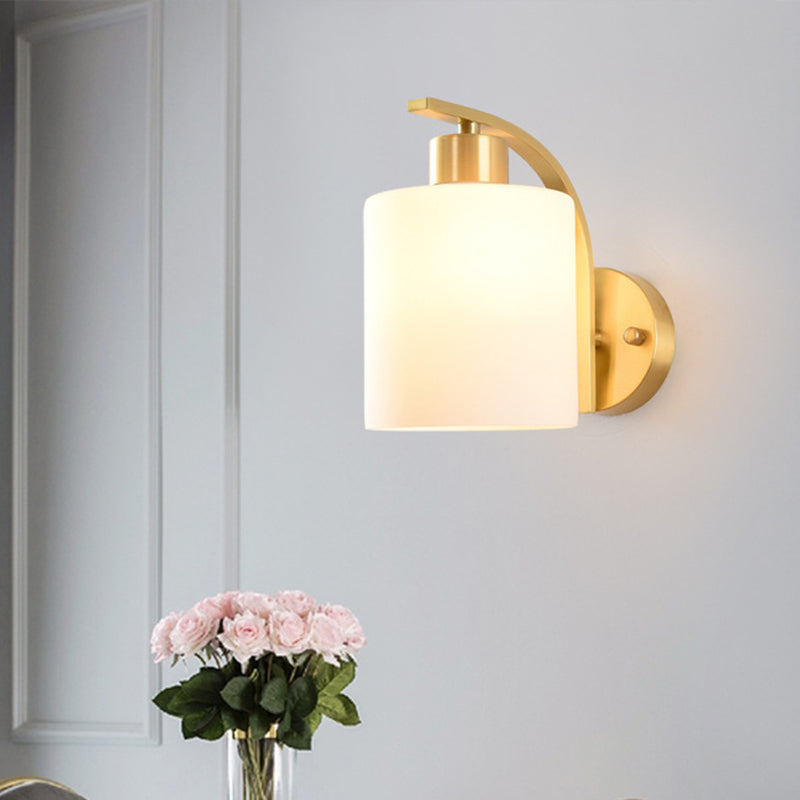 Modern 1-Light Brass Cylinder Sconce With Milk Glass Shade - Wall Lighting Fixture