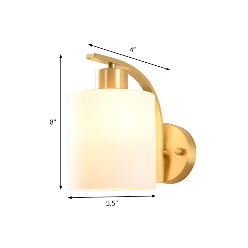 Modern 1-Light Brass Cylinder Sconce With Milk Glass Shade - Wall Lighting Fixture