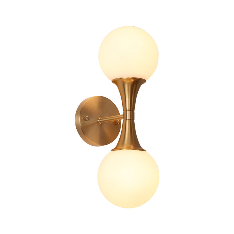 Brass Wall Mounted Bathroom Vanity Light With Orb Milky Glass Shade - Modernist Design Set Of 2