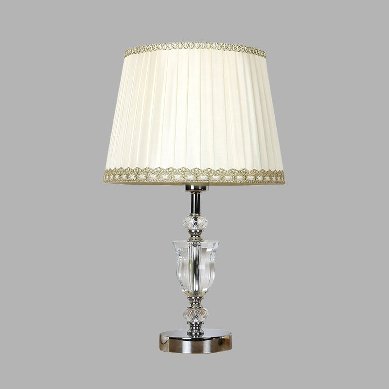 White Drum Table Lamp With Crystal Accent - Elegant Bedroom Nightstand Light