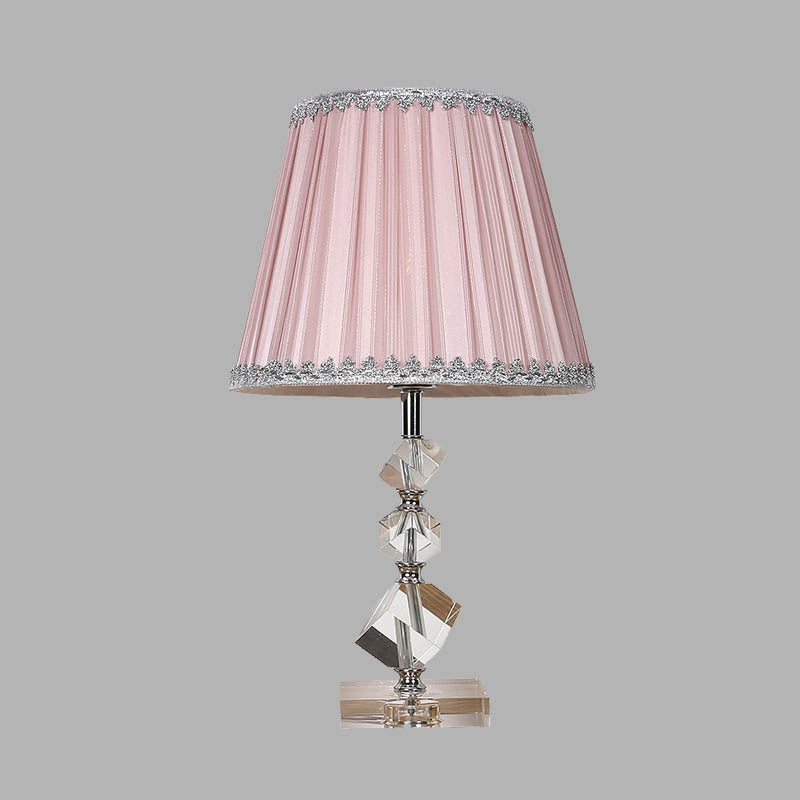 Conical Table Lamp: Pink Fabric Countryside 1-Light Night Light With Crystal Base For Bedroom