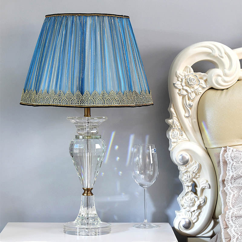 Traditional Blue Fabric Nightstand Lamp With Crystal Base - 1 Light Barrel Design