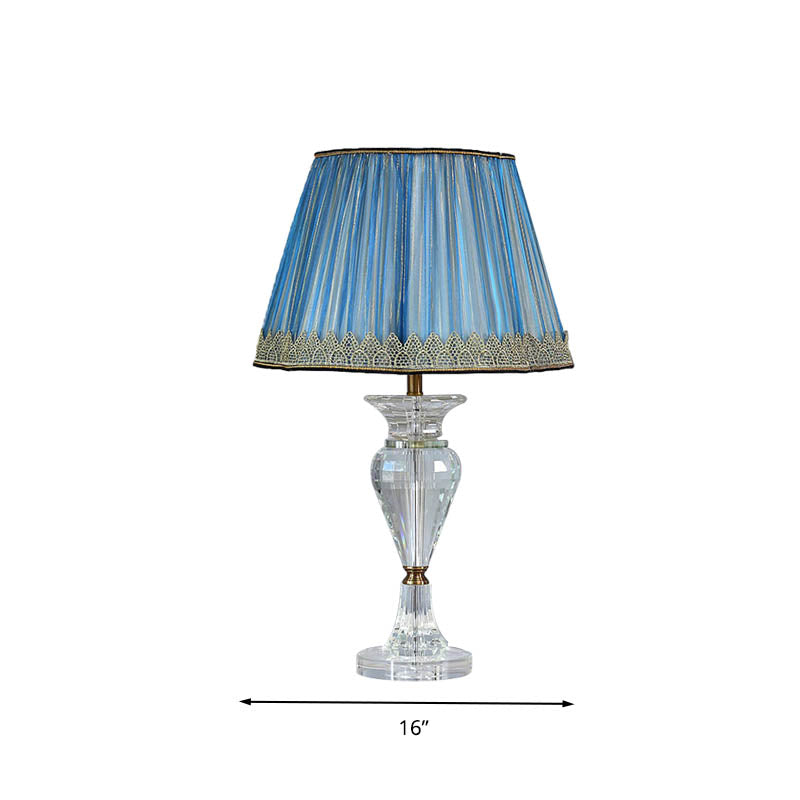 Traditional Blue Fabric Nightstand Lamp With Crystal Base - 1 Light Barrel Design