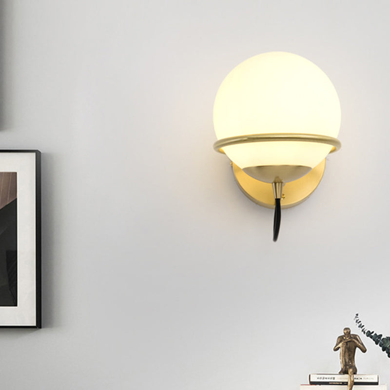 Modern Brass Wall Sconce Light With White Glass Shade - 1 Head Bedside Fixture