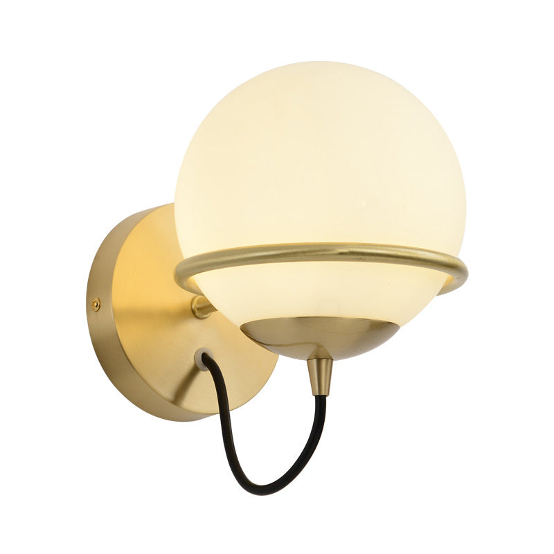 Modern Brass Wall Sconce Light With White Glass Shade - 1 Head Bedside Fixture