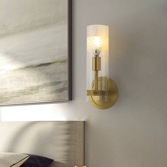 Modern Brass Wall Sconce Light With Clear Glass Shade - 1 Head Cylindrical Design