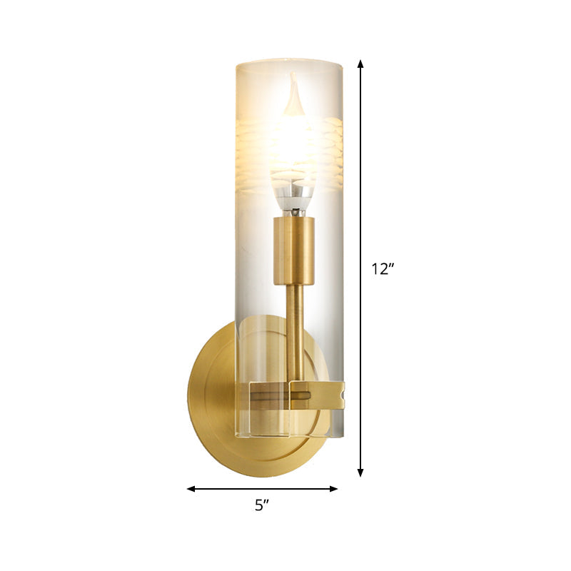 Modern Brass Wall Sconce Light With Clear Glass Shade - 1 Head Cylindrical Design