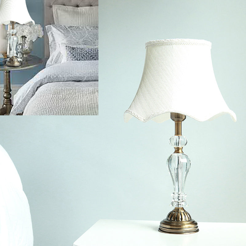 Scalloped Fabric White Nightstand Lamp With Crystal Accent - Elegant Single Bulb Night Light