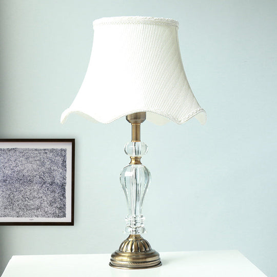 Scalloped Fabric White Nightstand Lamp With Crystal Accent - Elegant Single Bulb Night Light