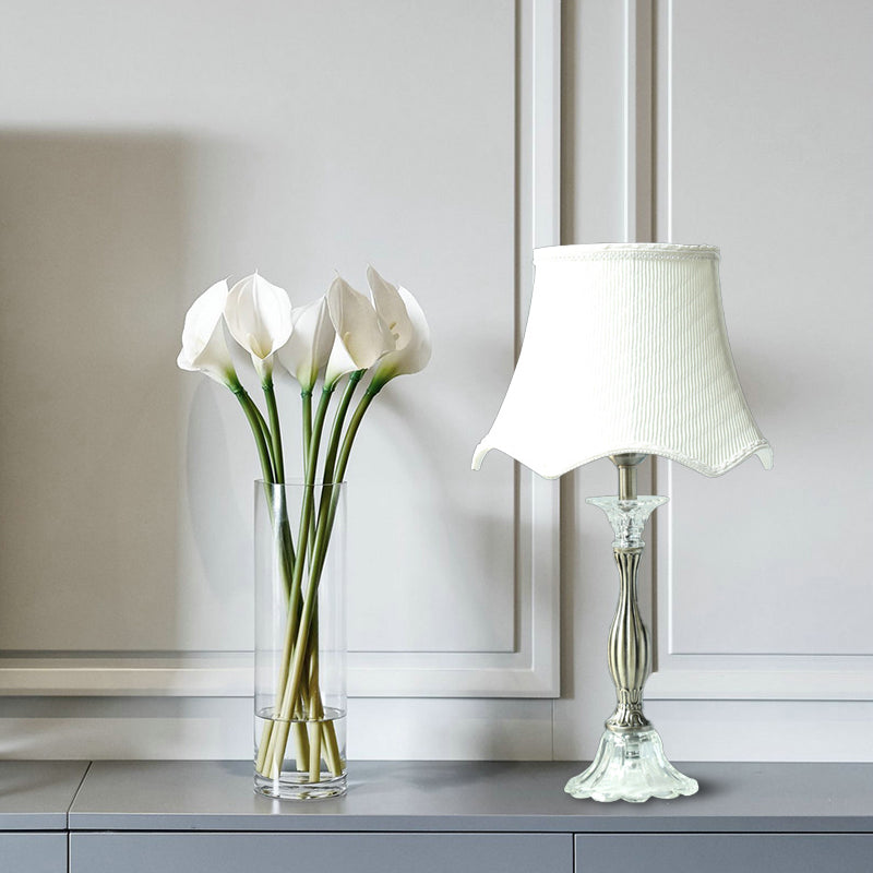 Scalloped Crystal Nightstand Lamp In White With Fabric Shade - Elegant Bedroom Table Light