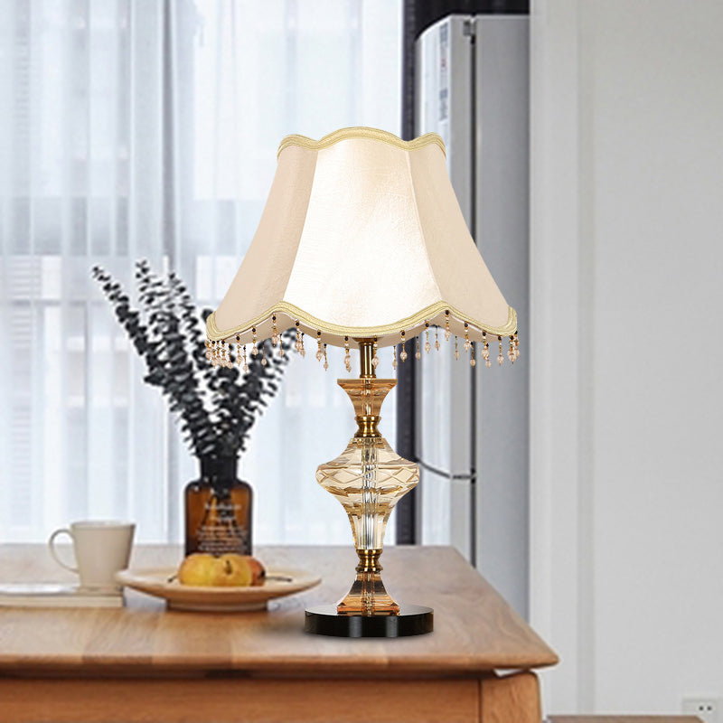 Beige Crystal-Drapped Bell Nightstand Lamp | Lodge Bedroom Light