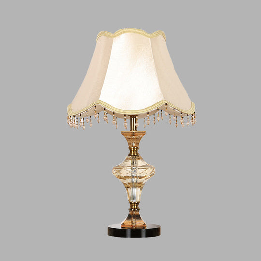 Beige Crystal-Drapped Bell Nightstand Lamp | Lodge Bedroom Light