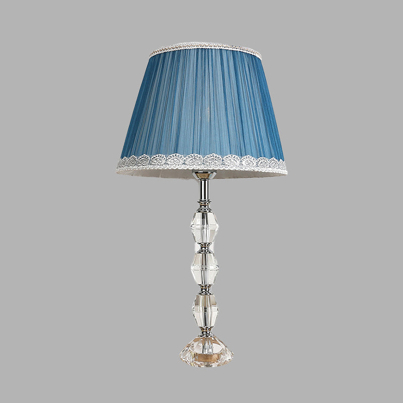 Tapered Blue Night Lamp With Crystal Ball Deco - Traditional Fabric 1 Light Bedroom Table