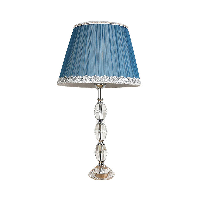 Tapered Blue Night Lamp With Crystal Ball Deco - Traditional Fabric 1 Light Bedroom Table