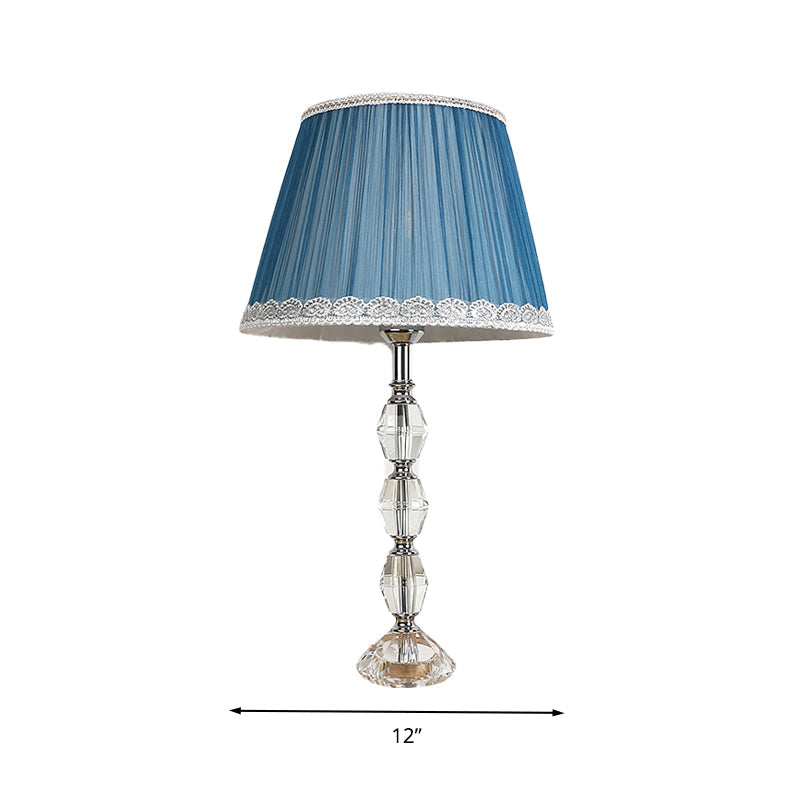 Tapered Blue Night Lamp With Crystal Ball Deco - Traditional Fabric 1 Light Bedroom Table