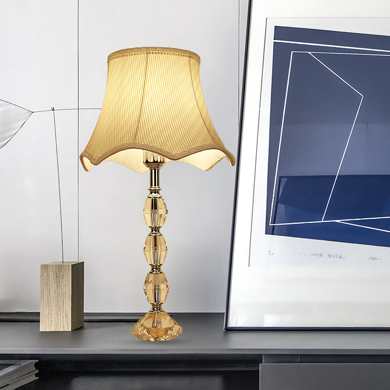 Scalloped Night Light: Light Yellow Minimalism Fabric Living Room Lamp With Crystal Base