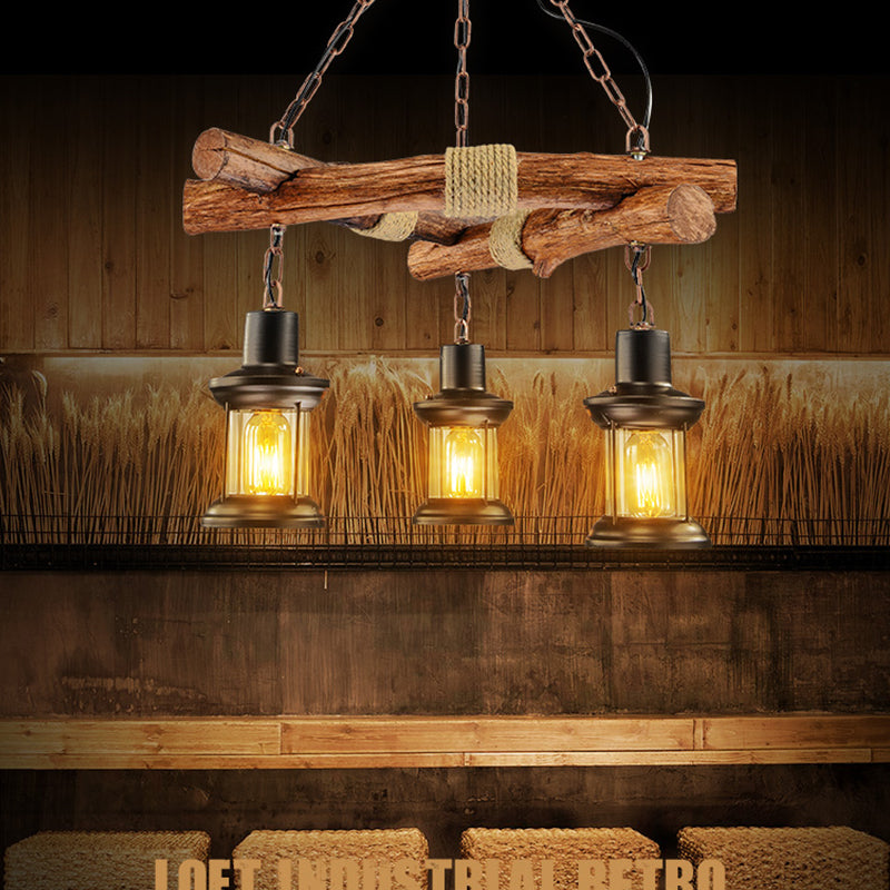 Black Farmhouse Lantern Chandelier - 3 Lights, Clear Glass - Perfect for Restaurants & Ceilings