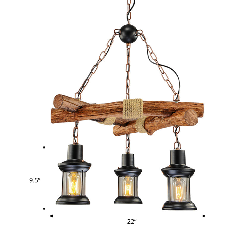Black Farmhouse Lantern Chandelier - 3 Lights, Clear Glass - Perfect for Restaurants & Ceilings