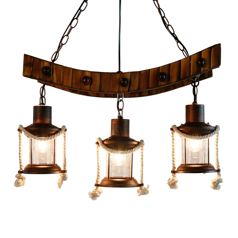 Dark Brown Glass Chandelier Light Lantern - 3 Lights, Warehouse Ceiling Fixture for Kitchen