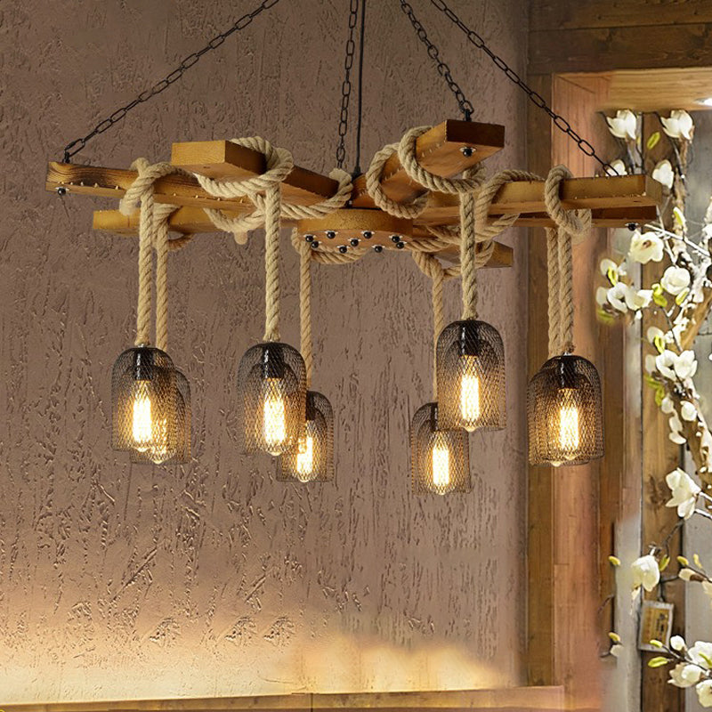 Rustic Caged Pendant Chandelier With Rope - Retro Metal & Wood 3/6/8 Light Ceiling Lamp