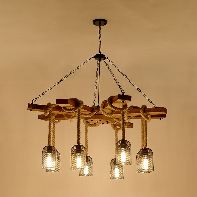 Rustic Caged Pendant Chandelier With Rope - Retro Metal & Wood 3/6/8 Light Ceiling Lamp