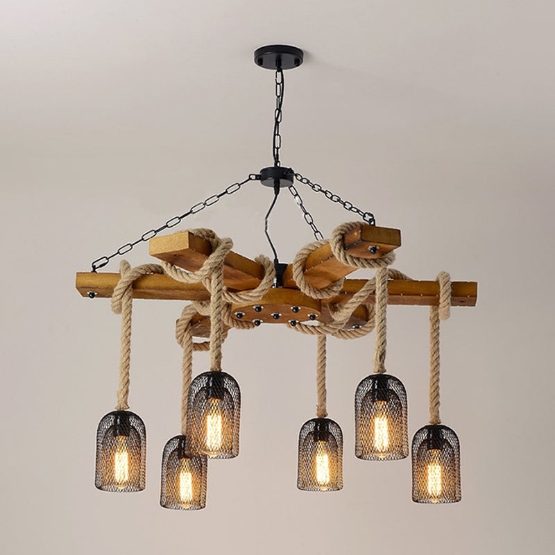 Rustic Caged Dining Room Chandelier Pendant with Retro Metallic Finish - 3/6/8 Lights & Wooden Ceiling Lamp Rope Included