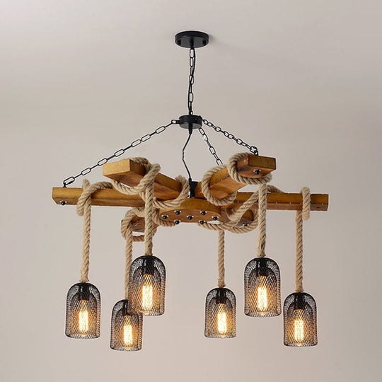 Rustic Caged Pendant Chandelier With Rope - Retro Metal & Wood 3/6/8 Light Ceiling Lamp