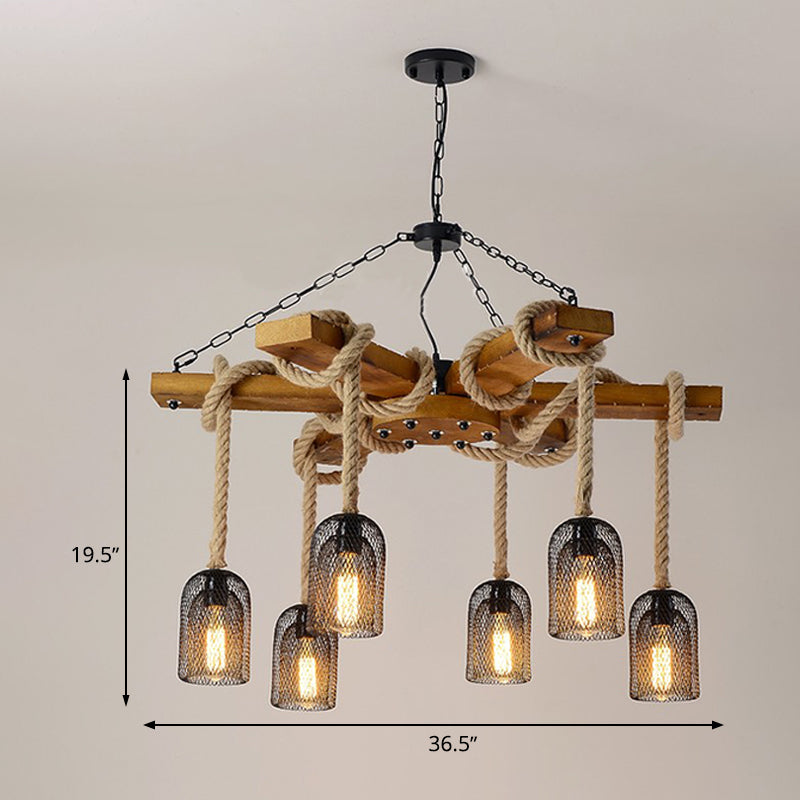 Rustic Caged Dining Room Chandelier Pendant with Retro Metallic Finish - 3/6/8 Lights & Wooden Ceiling Lamp Rope Included