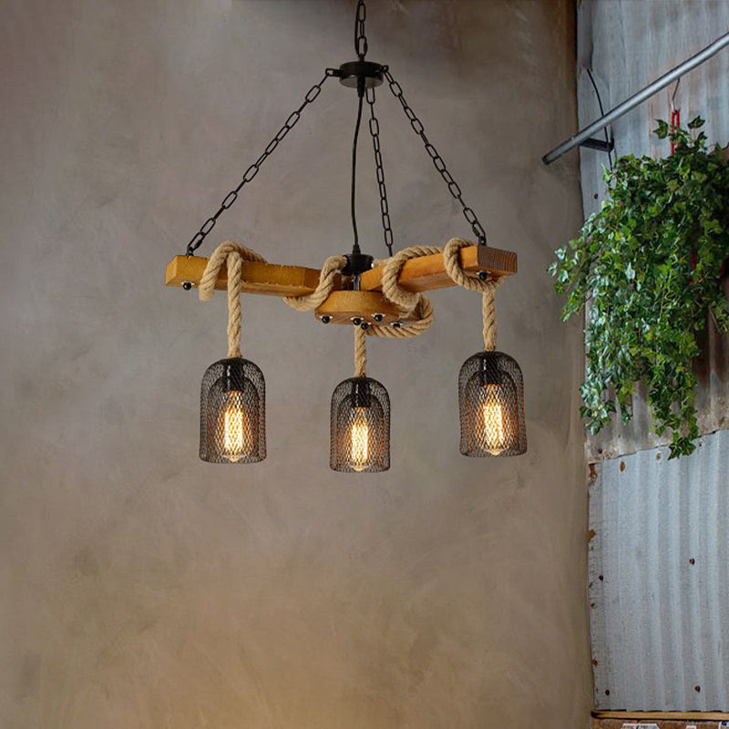 Rustic Caged Pendant Chandelier With Rope - Retro Metal & Wood 3/6/8 Light Ceiling Lamp 3 /