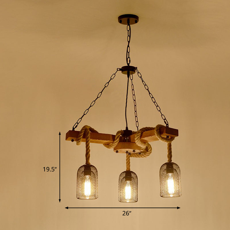 Rustic Caged Dining Room Chandelier Pendant with Retro Metallic Finish - 3/6/8 Lights & Wooden Ceiling Lamp Rope Included