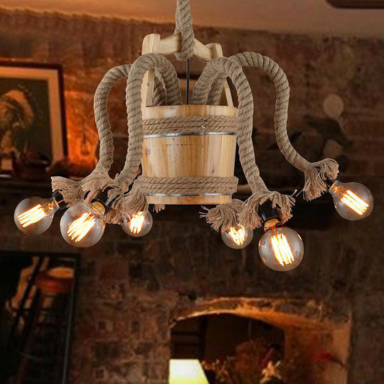 Rustic Wood Chandelier – 6-Light Farmhouse Rope Ceiling Fixture for Dining Room