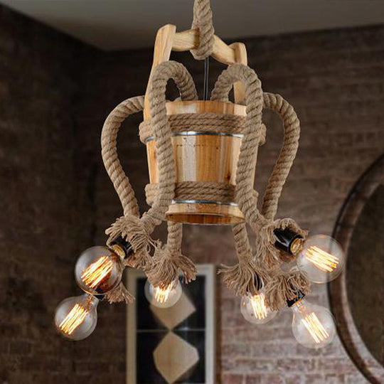 Rustic Wood Chandelier – 6-Light Farmhouse Rope Ceiling Fixture for Dining Room