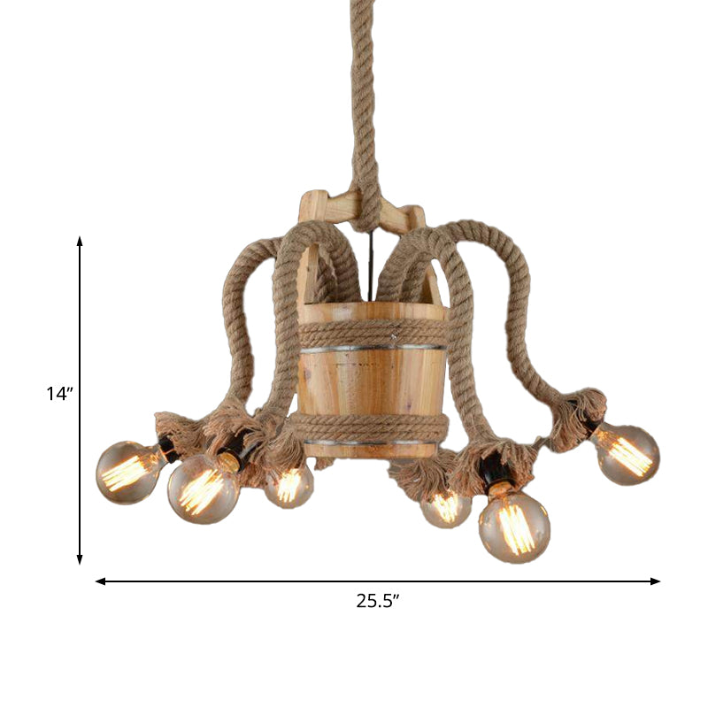 Farmhouse Rope 6-Light Wood Chandelier For Curved Arm Dining Room