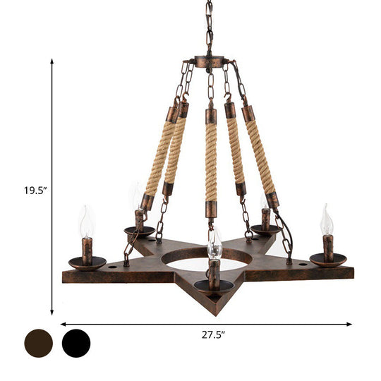 Retro 5-Light Metal Star Chandelier Pendant - Restaurant Hanging Ceiling Fixture Black/Rust