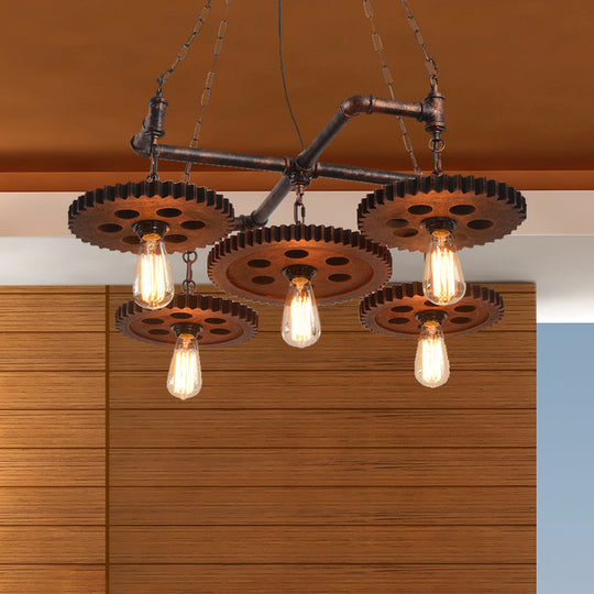 Farmhouse Bronze Metal Chandelier Lamp - 5-Light Open Bulb Hanging Light Kit For Restaurants
