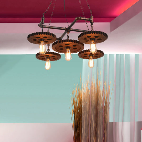 Farmhouse Bronze Metal Chandelier - 5 Lights Open Bulb Hanging Light Kit for Restaurants