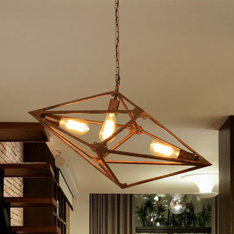Vintage Metallic Dining Room Chandelier - Rust Ceiling Pendant Light With Bare Bulb 2/3 Lights
