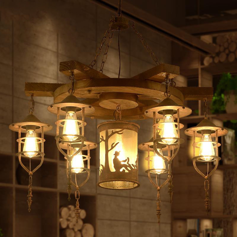 Wooden Metal Caged Chandelier Lighting Kit - 3/7 Lights For Restaurant Hanging