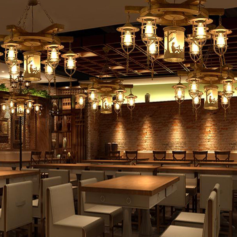 Wooden Hanging Light Kit for Restaurants: Metal Caged Chandelier with 3/7 Lights