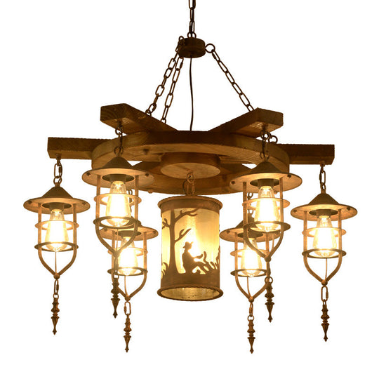 Wooden Hanging Light Kit for Restaurants: Metal Caged Chandelier with 3/7 Lights