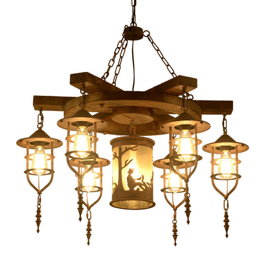 Wooden Metal Caged Chandelier Lighting Kit - 3/7 Lights For Restaurant Hanging