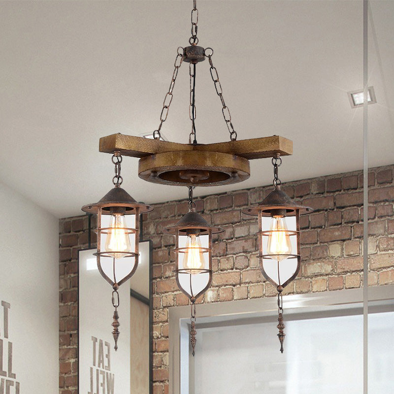 Wooden Metal Caged Chandelier Lighting Kit - 3/7 Lights For Restaurant Hanging 3 / Wood