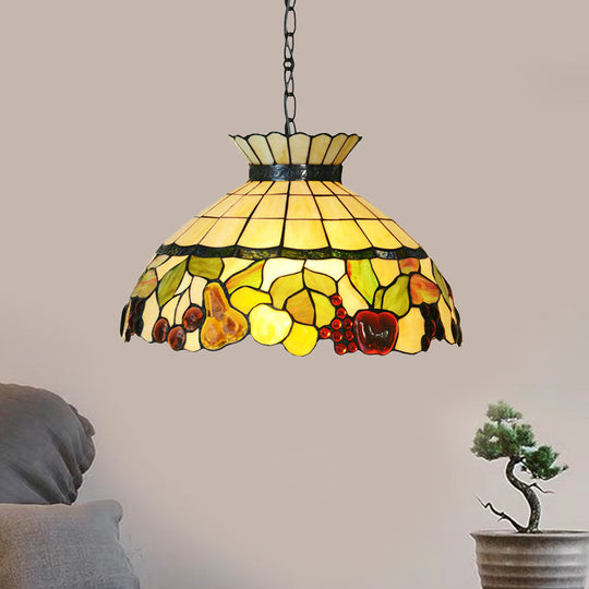 Black Baroque Chandelier with Yellow Stained Glass Shade - 3-Light Pendant Lighting