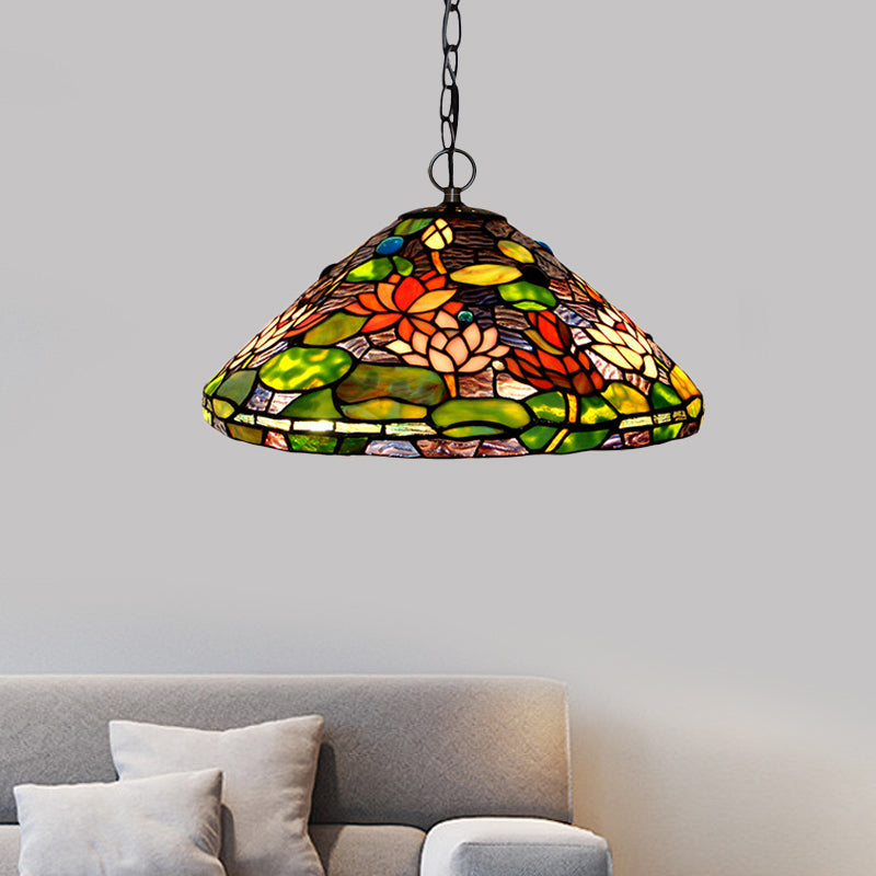 Victorian Stained Glass Chandelier - Green Blossom Pendant with 2 Lights