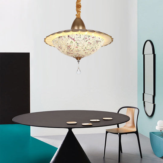 White Cut Glass Led Bowl Chandelier With Crystal Droplet - Mediterranean Suspension Pendant