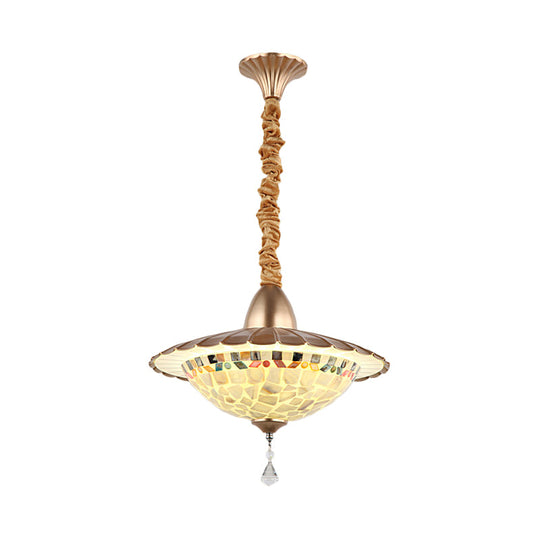 White Cut Glass Led Bowl Chandelier With Crystal Droplet - Mediterranean Suspension Pendant / C